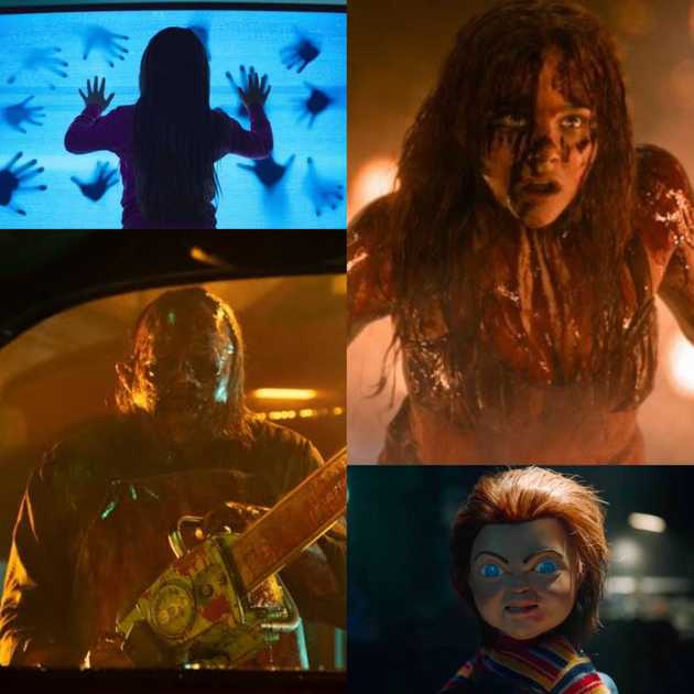 Imagens dos remakes de Poltergeist: O Fenômeno, Carrie: A Estranha, O Massacre da Serra Elétrica: O Retorno de Letterface e Brinquedo Assassino